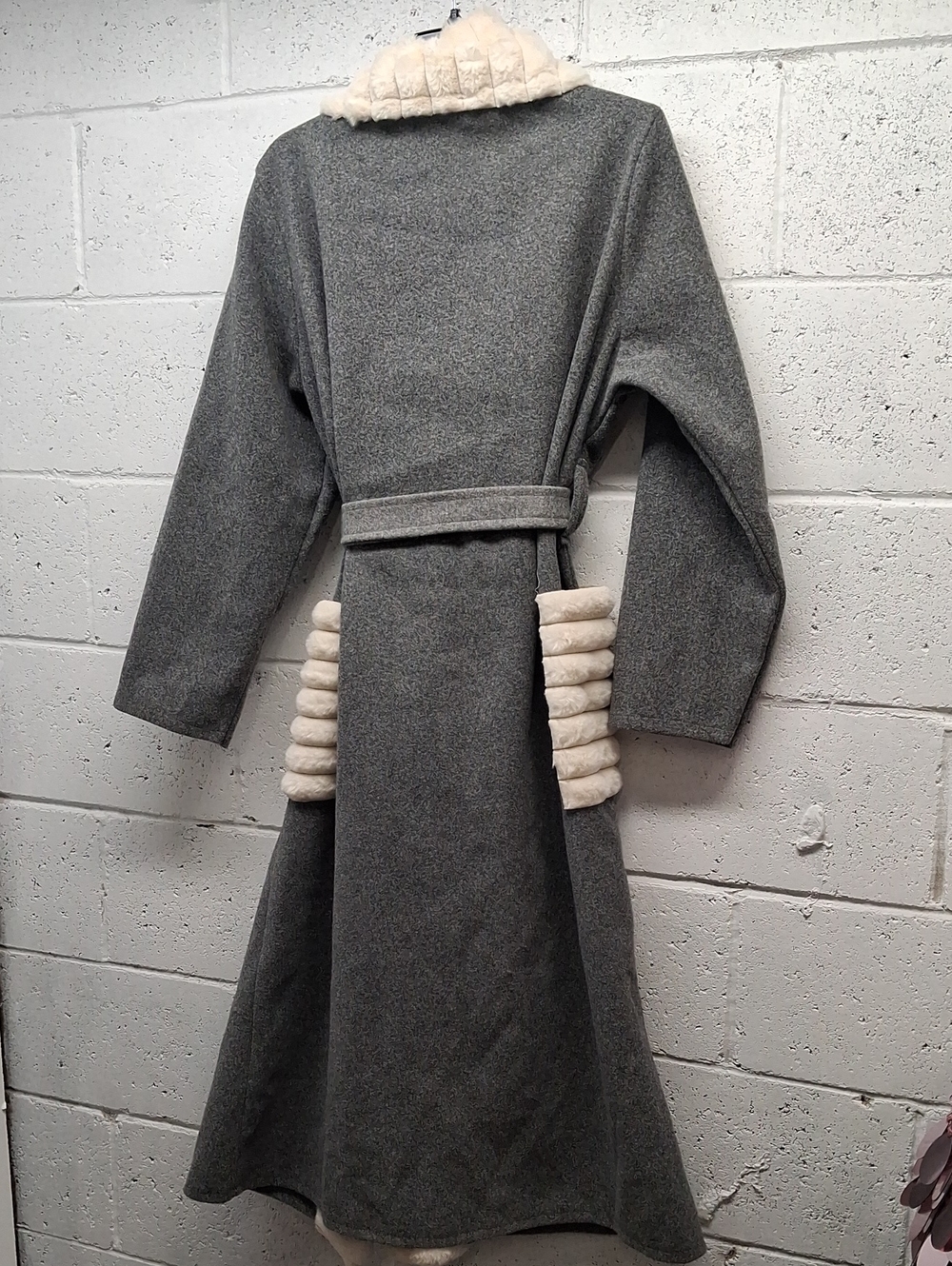 Womens Gray Wool Robe Coat with Cream Faux Fur Trim - Picture 6 of 6